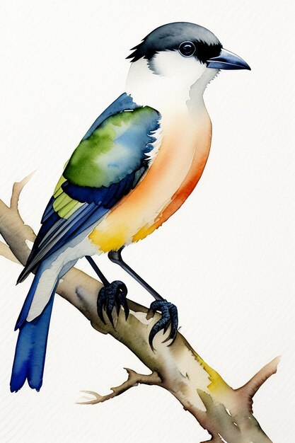 Photo watercolor ink style colorful bird animal wallpaper background illustration standing on branch