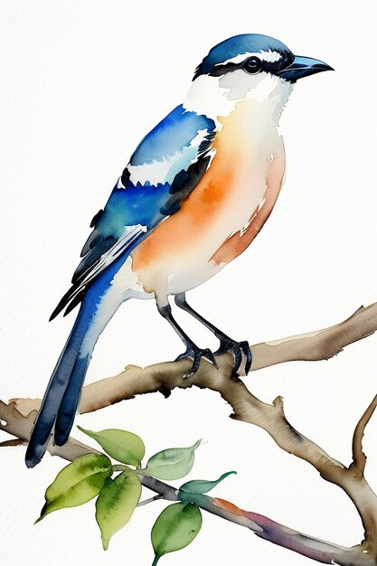 Watercolor ink style colorful bird animal wallpaper background illustration standing on branch