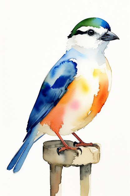 Photo watercolor ink style colorful bird animal wallpaper background illustration standing on branch