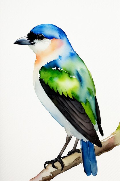 Watercolor ink style colorful bird animal wallpaper background illustration standing on branch