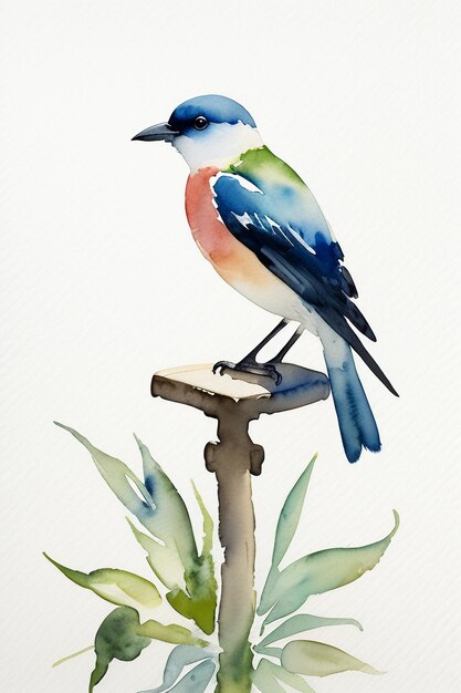 Photo watercolor ink style colorful bird animal wallpaper background illustration standing on branch