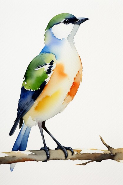 Watercolor ink style colorful bird animal wallpaper background illustration standing on branch