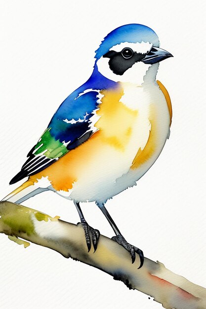 Watercolor ink style colorful bird animal wallpaper background illustration standing on branch