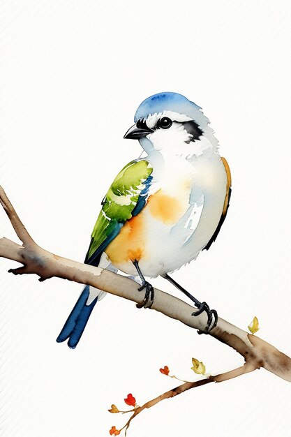 Watercolor ink style colorful bird animal wallpaper background illustration standing on branch