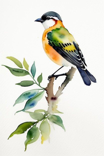 Watercolor ink style colorful bird animal wallpaper background illustration standing on branch