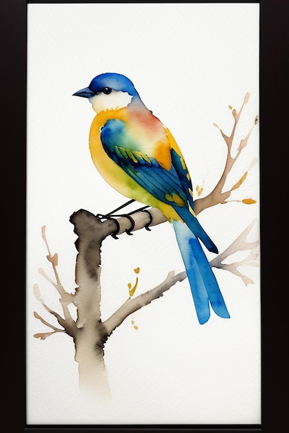 Watercolor ink style colorful bird animal wallpaper background illustration standing on branch