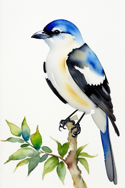 Watercolor ink style colorful bird animal wallpaper background illustration standing on branch