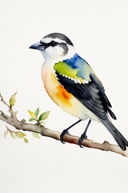 Watercolor ink style colorful bird animal wallpaper background illustration standing on branch