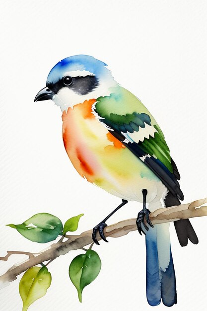 Photo watercolor ink style colorful bird animal wallpaper background illustration standing on branch