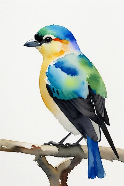 Watercolor ink style colorful bird animal wallpaper background illustration standing on branch