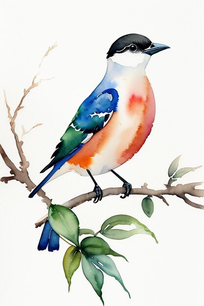 Watercolor ink style colorful bird animal wallpaper background illustration standing on branch
