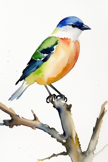 Photo watercolor ink style colorful bird animal wallpaper background illustration standing on branch