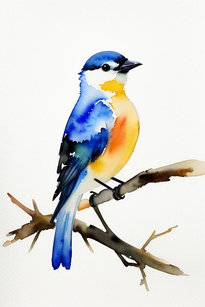 Watercolor ink style colorful bird animal wallpaper background illustration standing on branch