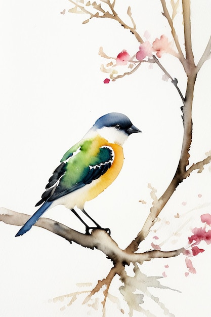 Watercolor ink style colorful bird animal wallpaper background illustration standing on branch