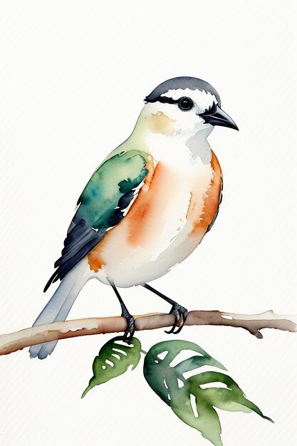 Watercolor ink style colorful bird animal wallpaper background illustration standing on branch