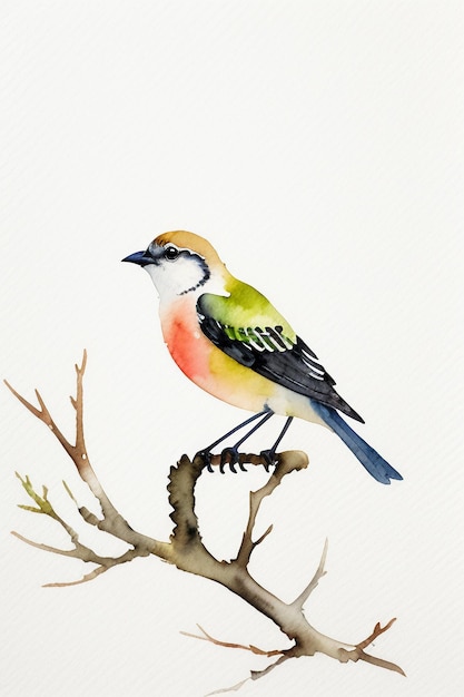 Watercolor ink style colorful bird animal wallpaper background illustration standing on branch