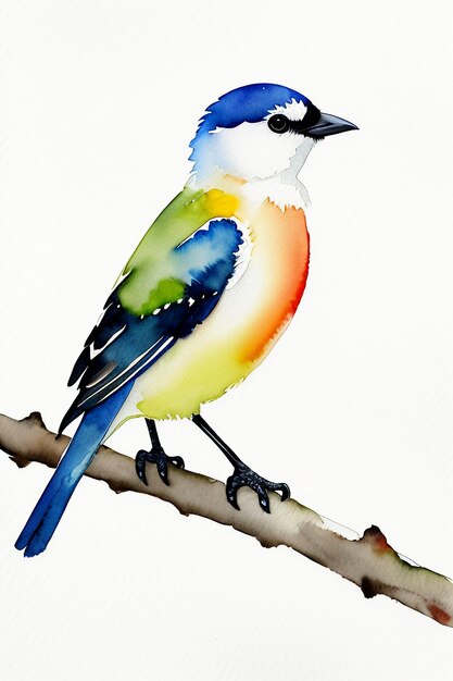 Watercolor ink style colorful bird animal wallpaper background illustration standing on branch