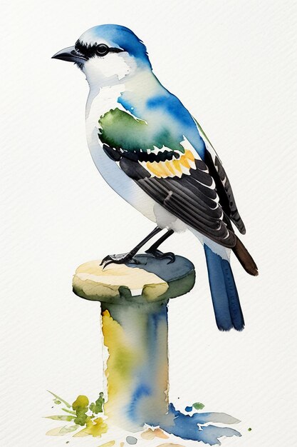 Photo watercolor ink style colorful bird animal wallpaper background illustration standing on branch