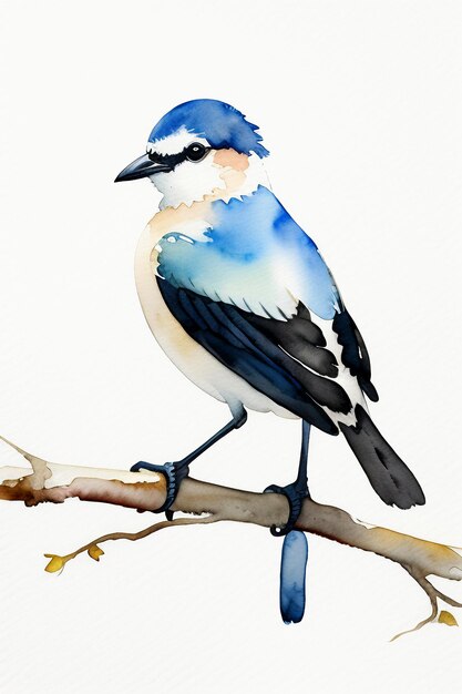 Watercolor ink style colorful bird animal wallpaper background illustration standing on branch