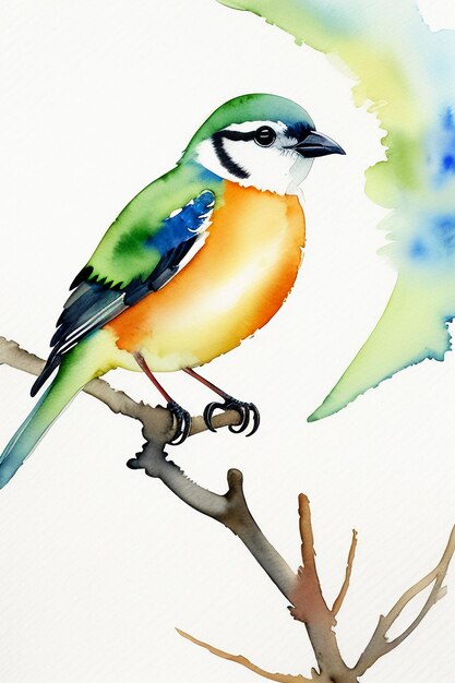 Photo watercolor ink style colorful bird animal wallpaper background illustration standing on branch