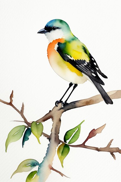 Photo watercolor ink style colorful bird animal wallpaper background illustration standing on branch