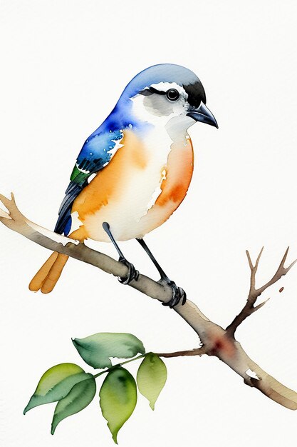 Watercolor ink style colorful bird animal wallpaper background illustration standing on branch