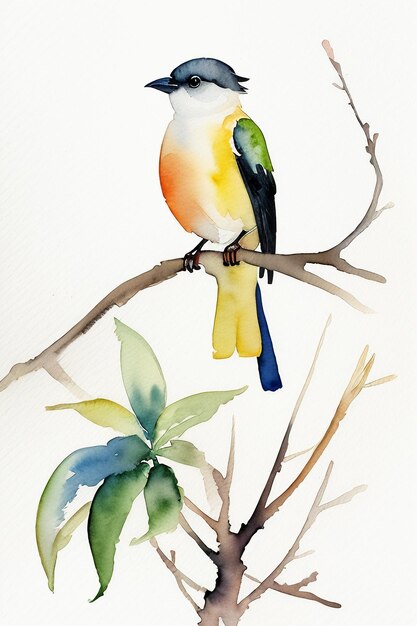 Watercolor ink style colorful bird animal wallpaper background illustration standing on branch