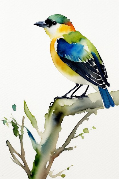 Watercolor ink style colorful bird animal wallpaper background illustration standing on branch