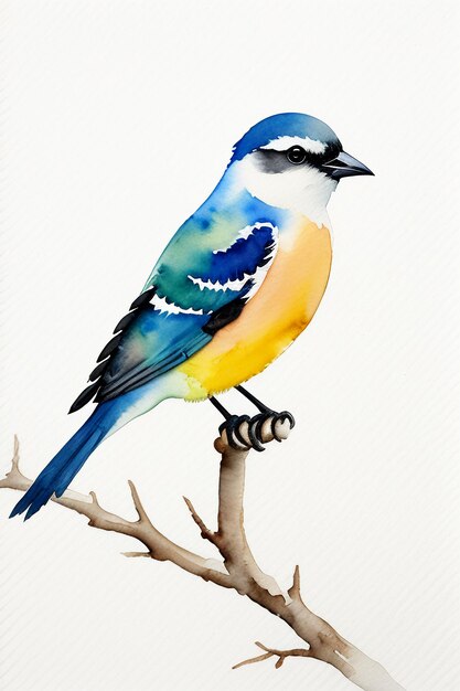 Watercolor ink style colorful bird animal wallpaper background illustration standing on branch