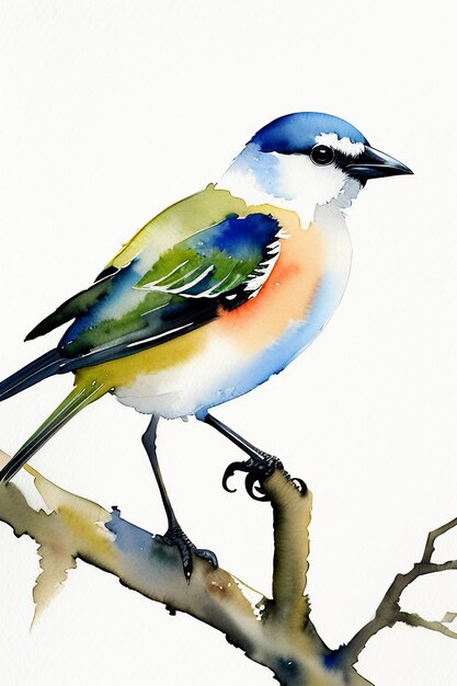 Watercolor ink style colorful bird animal wallpaper background illustration standing on branch