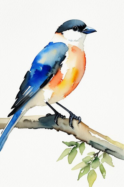 Photo watercolor ink style colorful bird animal wallpaper background illustration standing on branch