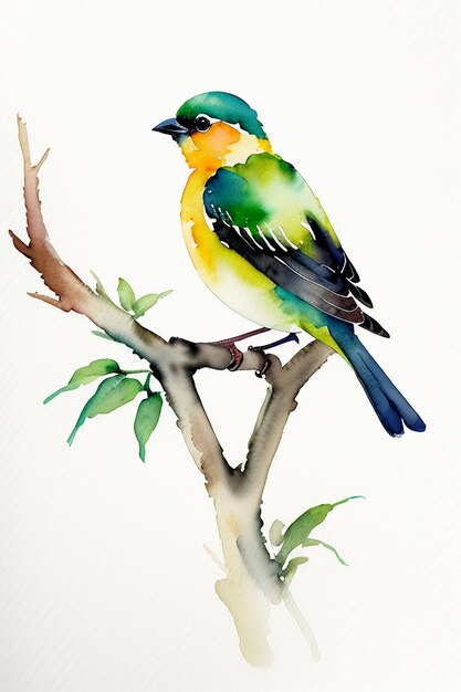 Photo watercolor ink style colorful bird animal wallpaper background illustration standing on branch