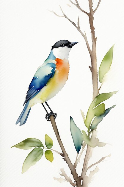 Photo watercolor ink style colorful bird animal wallpaper background illustration standing on branch