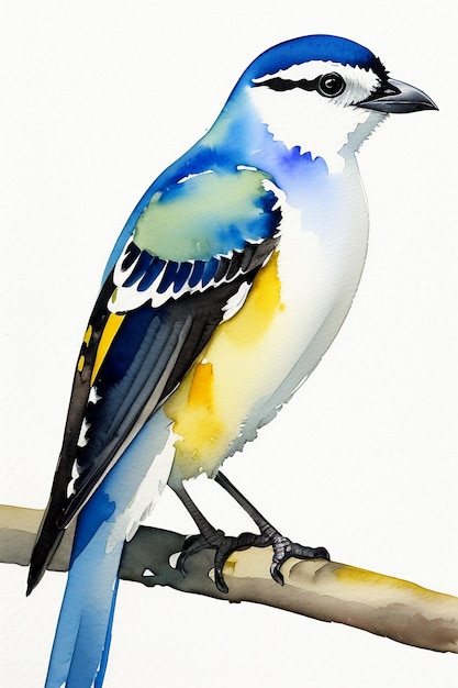 写真 水彩インク スタイルのカラフルな鳥の動物の壁紙の背景イラストが枝の上に立っています。