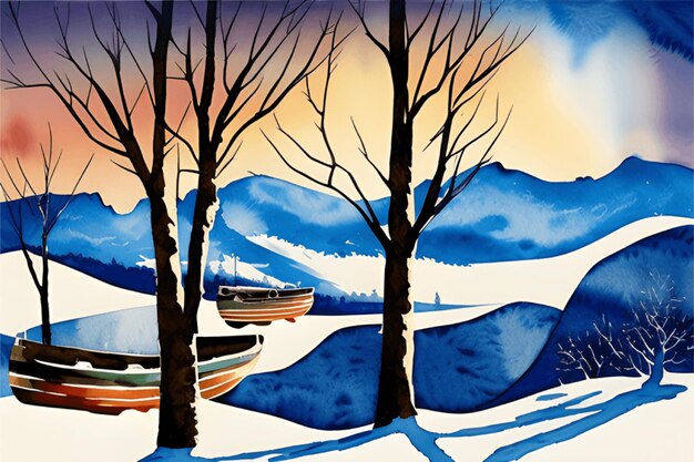 Photo watercolor ink style sun mountain boat tree landscape painting abstract art