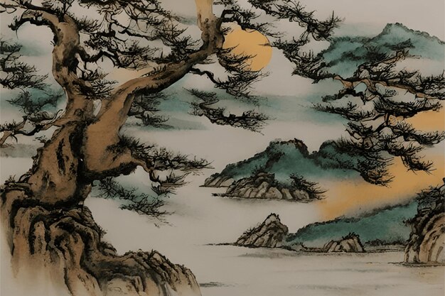 watercolor ink style sun mountain boat tree landscape painting abstract art