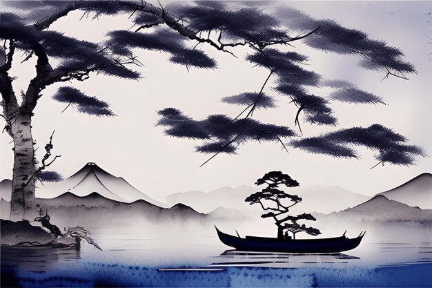 Photo watercolor ink style sun mountain boat tree landscape painting abstract art