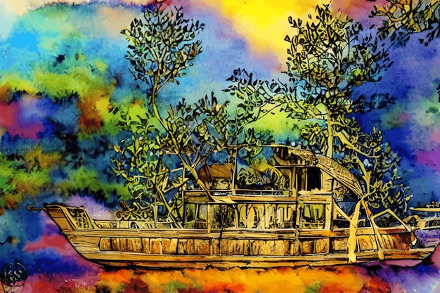 Photo watercolor ink style sun mountain boat tree landscape painting abstract art