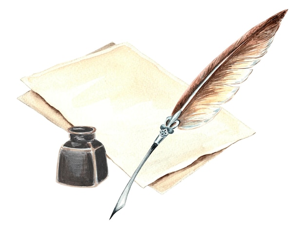 Watercolor inkwell with feather pen and sheets template illustration old writing objects