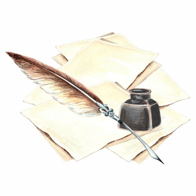 Photo watercolor inkwell with feather pen and sheets template illustration old writing objects