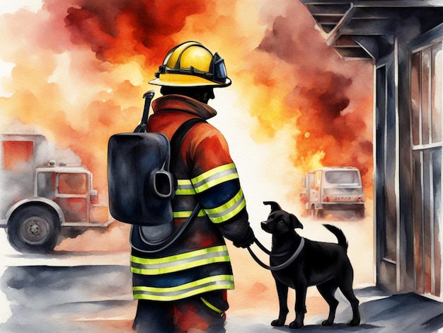 WATERCOLOR International Firefighters Day a male firefighter holding a puppy in his hands a fire sta