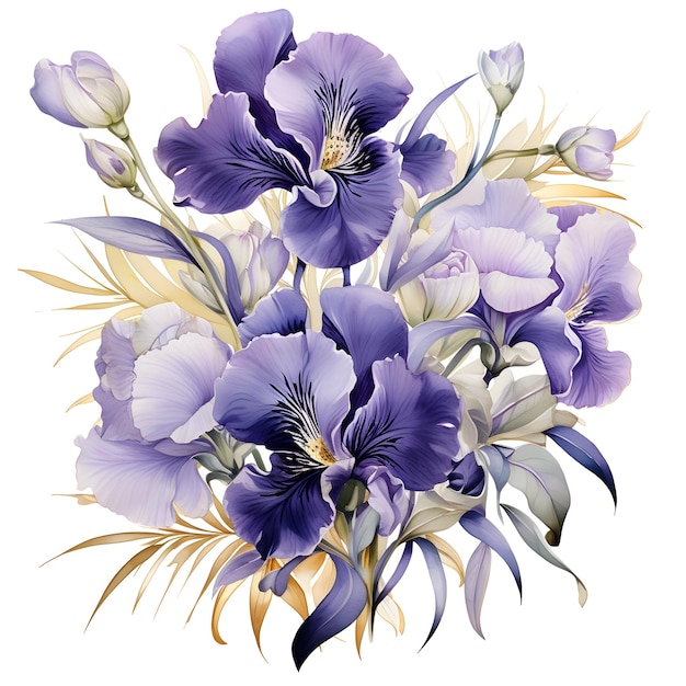 Watercolor irises beautiful flowers isolated on white background Hand drawn floral illustration Greeting card