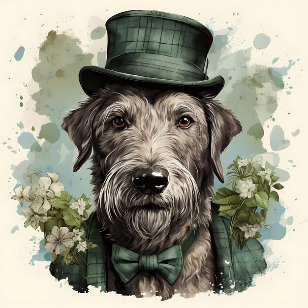 Photo watercolor of irish wolfhound wearing a flat cap tweed suit green spats lu patrick day clipart