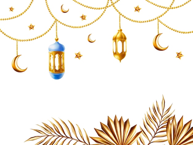 Watercolor Islamic arabian frame templates with golden crescent moon stars and lanterns on a gold ch