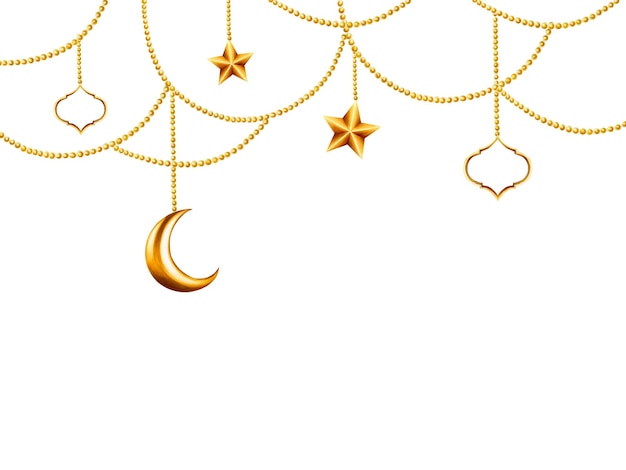 Watercolor Islamic arabian frame with golden crescent moon stars on a gold chains illustration i