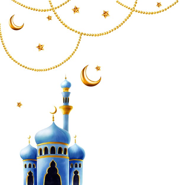 Watercolor Islamic arabian frame with mosque and minaret golden crescent moon stars on a gold ch