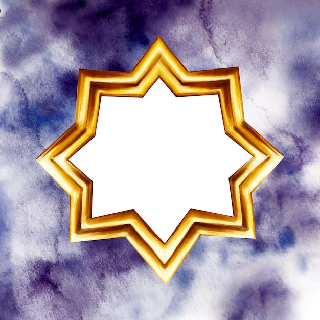 Watercolor Islamic arabian golden crescent star illustration isolated on blue splash background Musl