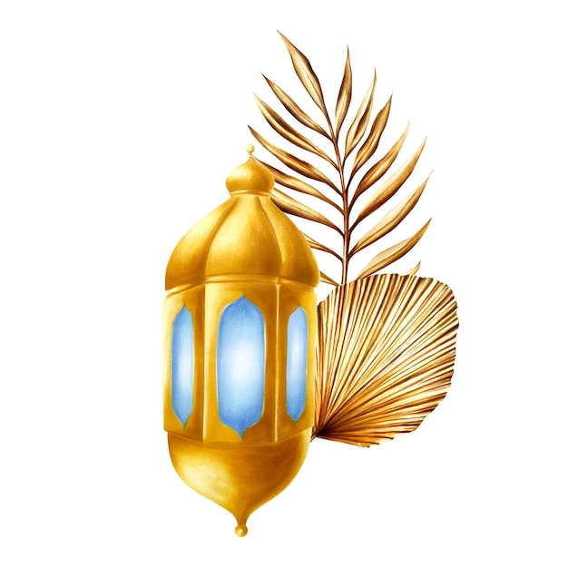 Watercolor islamic arabian lantern illustration with golden date palm branch and pampas grass