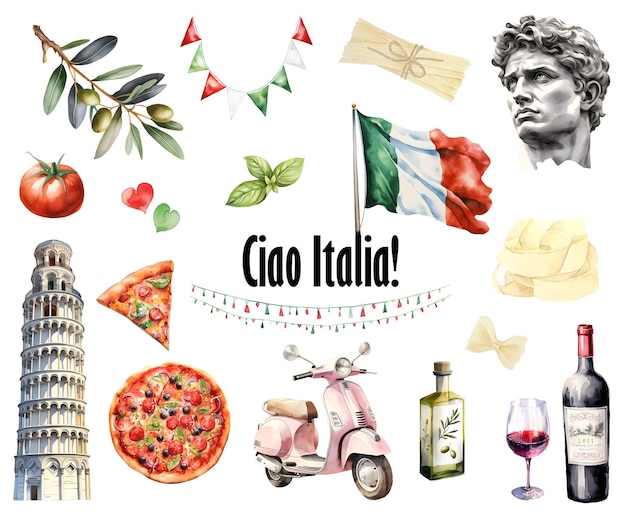 Photo watercolor italy symbols italy travel icons italian element food cultural symbol travel to italy