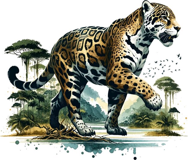 Акварель Jaguar jpg экзотические джунгли белый фон генеративный ИИ
